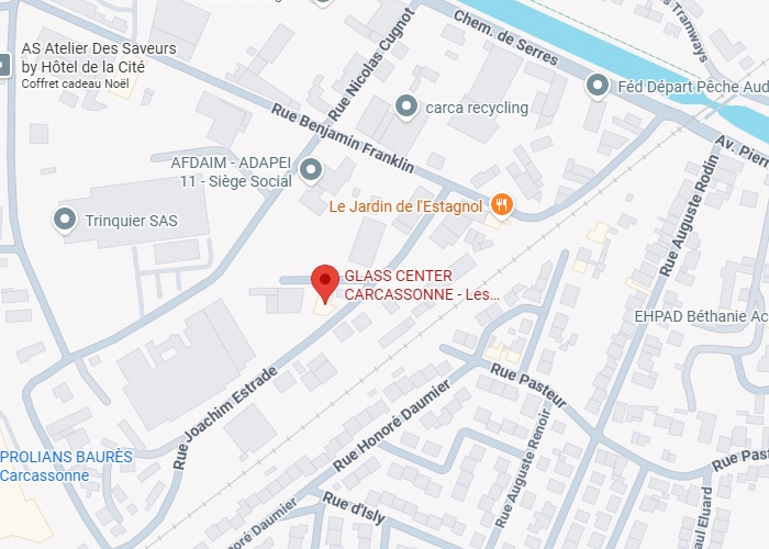 Carte montrant l'emplacement de GLASS CENTER CARCASSONNE - Les, près du Jardin de l'Estagnol, Rue Pasteur et Rue Benjamin Franklin.