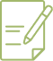 Icône verte représentant un document ou formulaire avec un crayon écrivant des lignes, symbolisant l'édition, la rédaction ou la prise de notes.