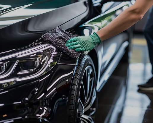 Main gantée de vert essuyant la carrosserie noire et brillante d'une voiture de luxe près du phare avec un chiffon microfibre.