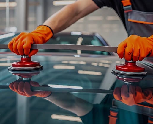 Technicien portant des gants orange manipulant un pare-brise de voiture avec deux ventouses pour le remplacement ou l'installation.