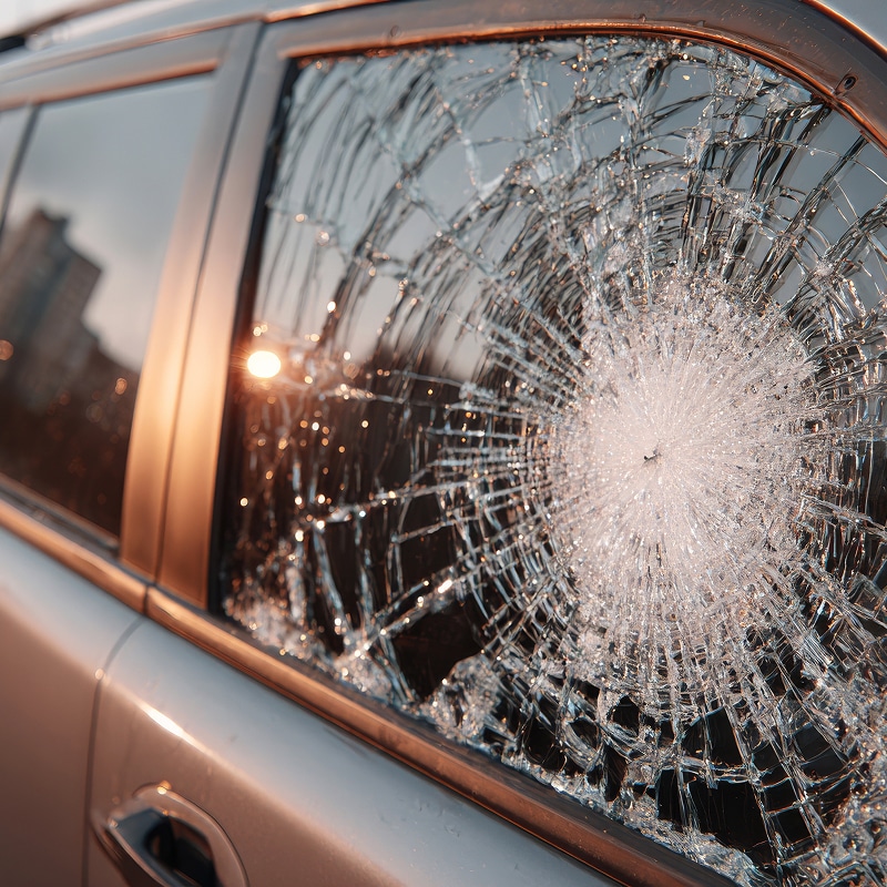 Technicien en train d'installer un pare-brise de voiture à l'aide d'une ventouse double, mouvement de pose précis dans un atelier.